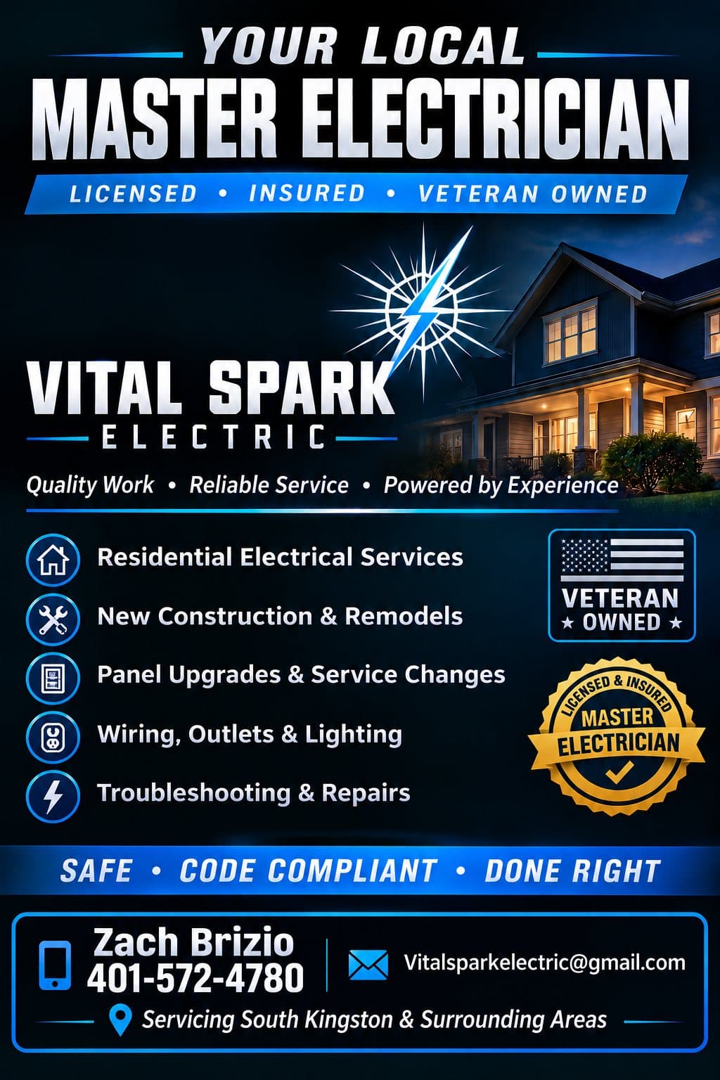 Vital Spark Electric, licensed and insured veteran owned master electrician