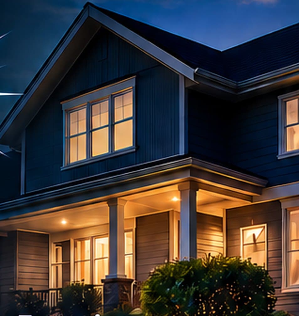 Residential home at dusk with exterior and interior lighting on